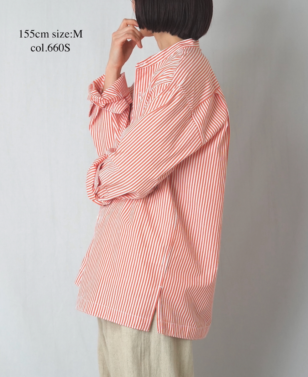 NVL2613(シャツ) POPLIN STRIPE BANDED COLLAR L/SL SHIRT