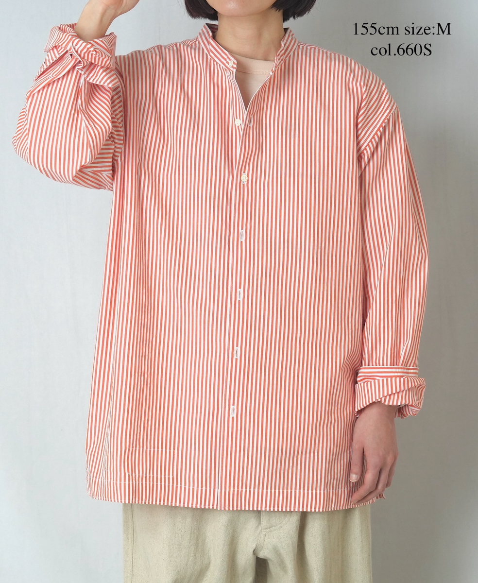 NVL2613(シャツ) POPLIN STRIPE BANDED COLLAR L/SL SHIRT