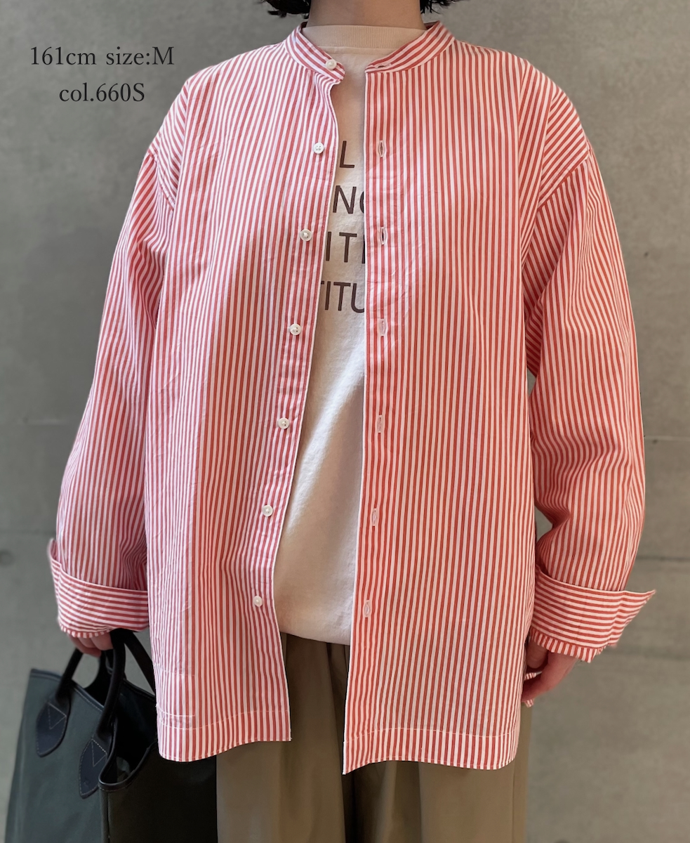 NVL2613(シャツ) POPLIN STRIPE BANDED COLLAR L/SL SHIRT