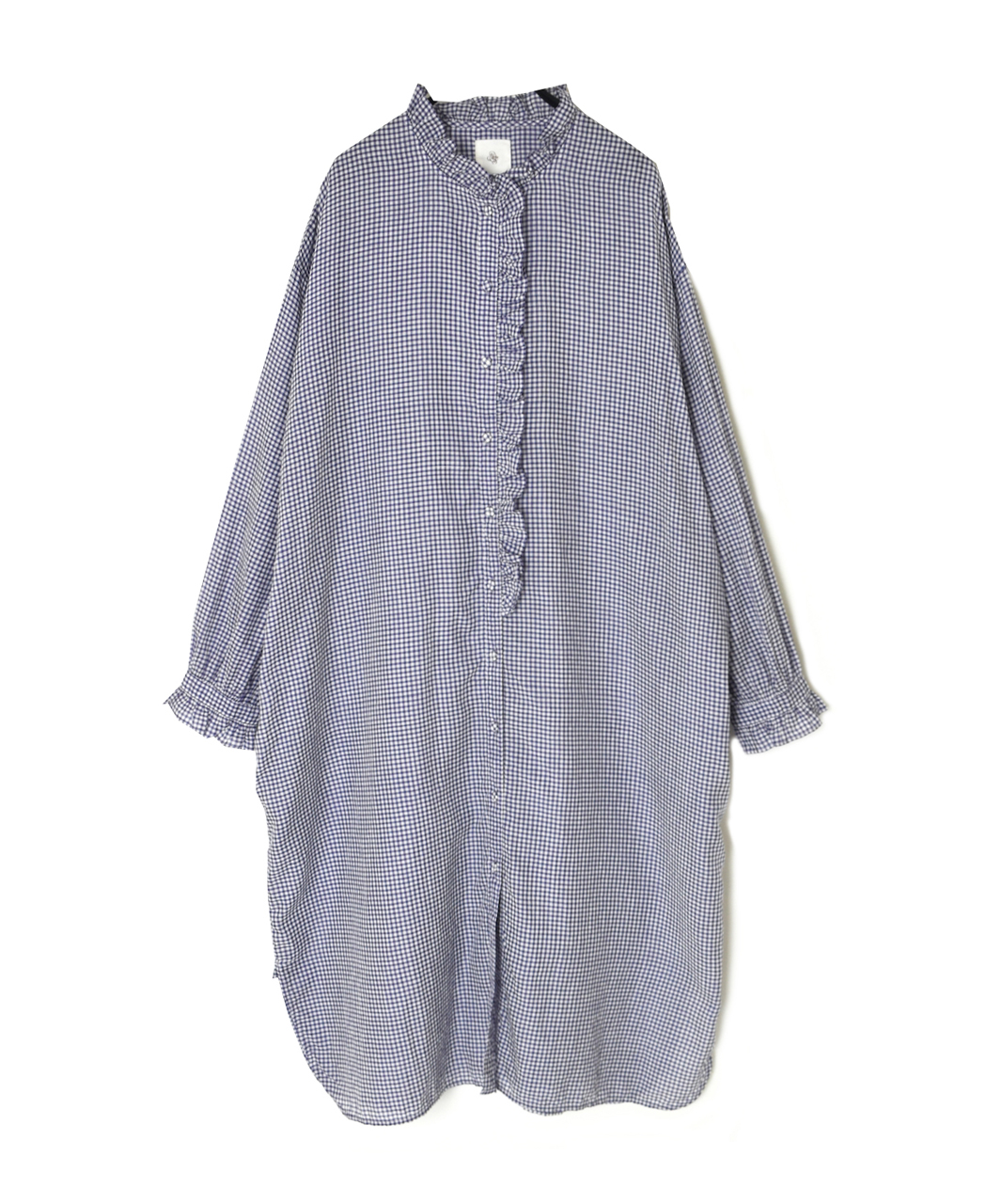 INMDS26023(シャツ) HANDWOVEN COTTON/SILK GINGHAM CHECK FRILL COLLAR LONG SHIRT