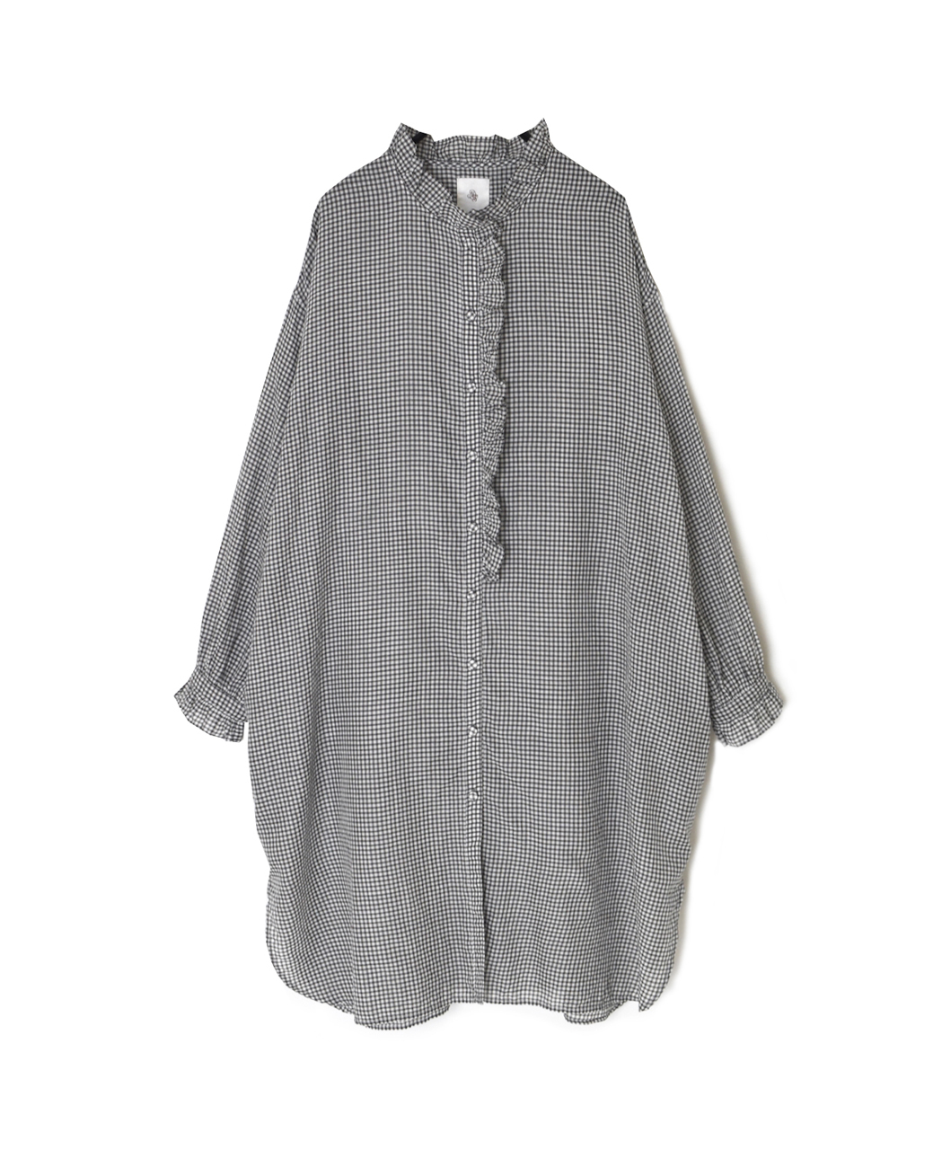 INMDS26023(シャツ) HANDWOVEN COTTON/SILK GINGHAM CHECK FRILL COLLAR LONG SHIRT