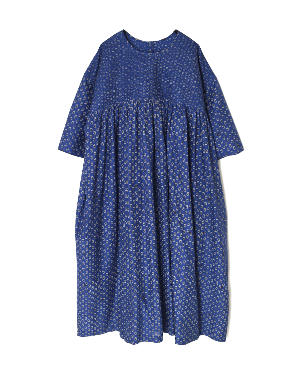NMDS26253(ワンピース) 80s VOILE SMALL GENTIANA BLOCK PRINT BACK OPENING PULLOVER DRESS WITH MINI PINTUCK