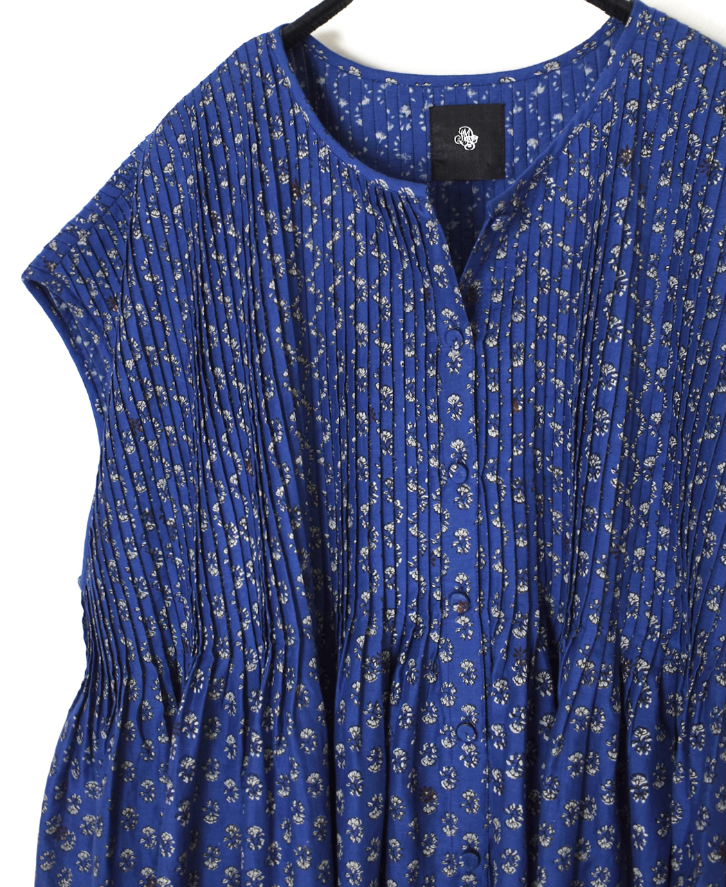 NMDS26252(シャツ) 80s VOILE SMALL GENTIANA BLOCK PRINT CREW-NECK BUTTON F/SLEEVE SHIRT WITH PINTUCK