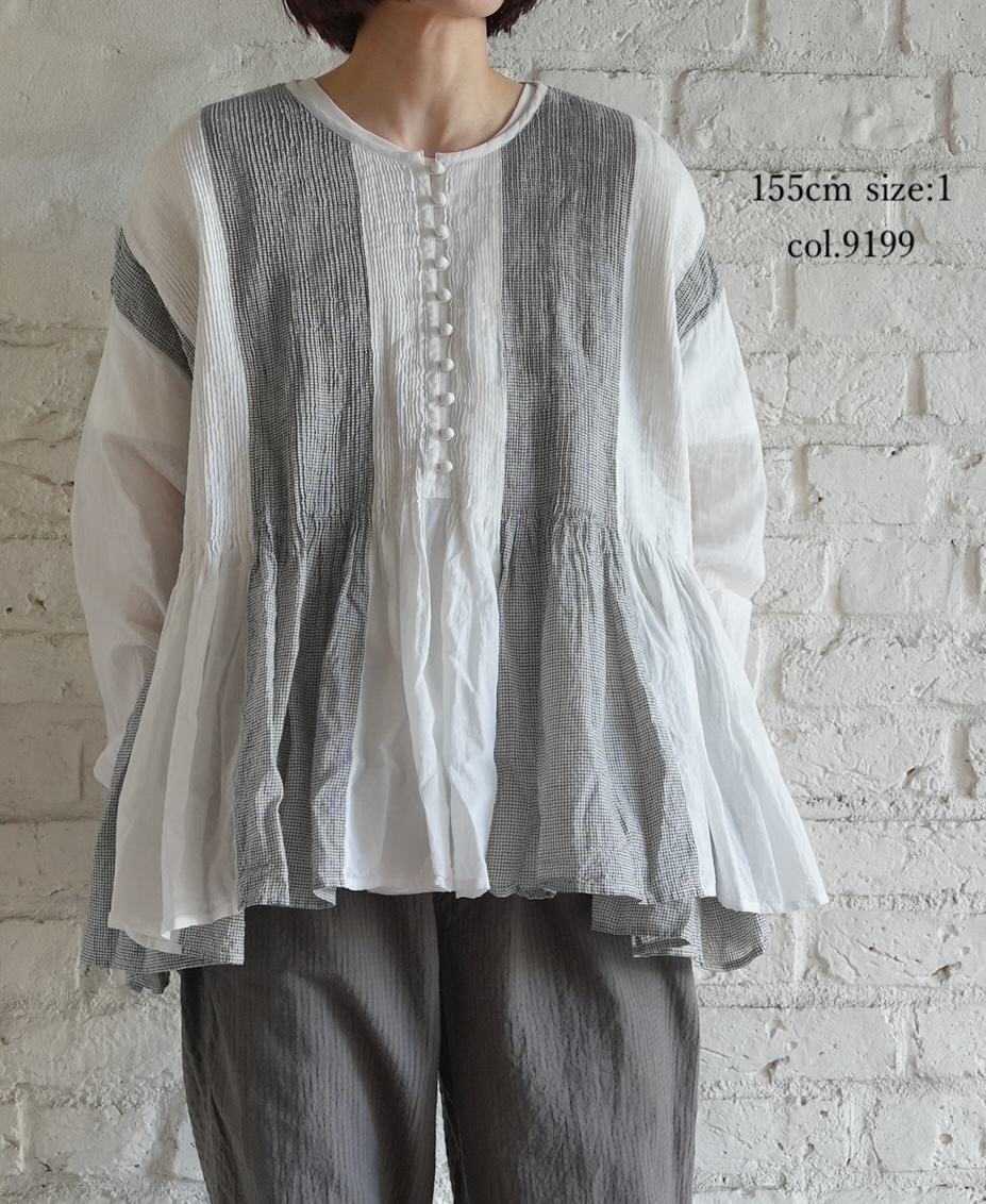 INMDS26111W(シャツ) HANDWOVEN COTTON SINGLE CHECK PATCHWORK(WASHED) BALL BUTTON SHIRTS WITH MINI PINTUCK