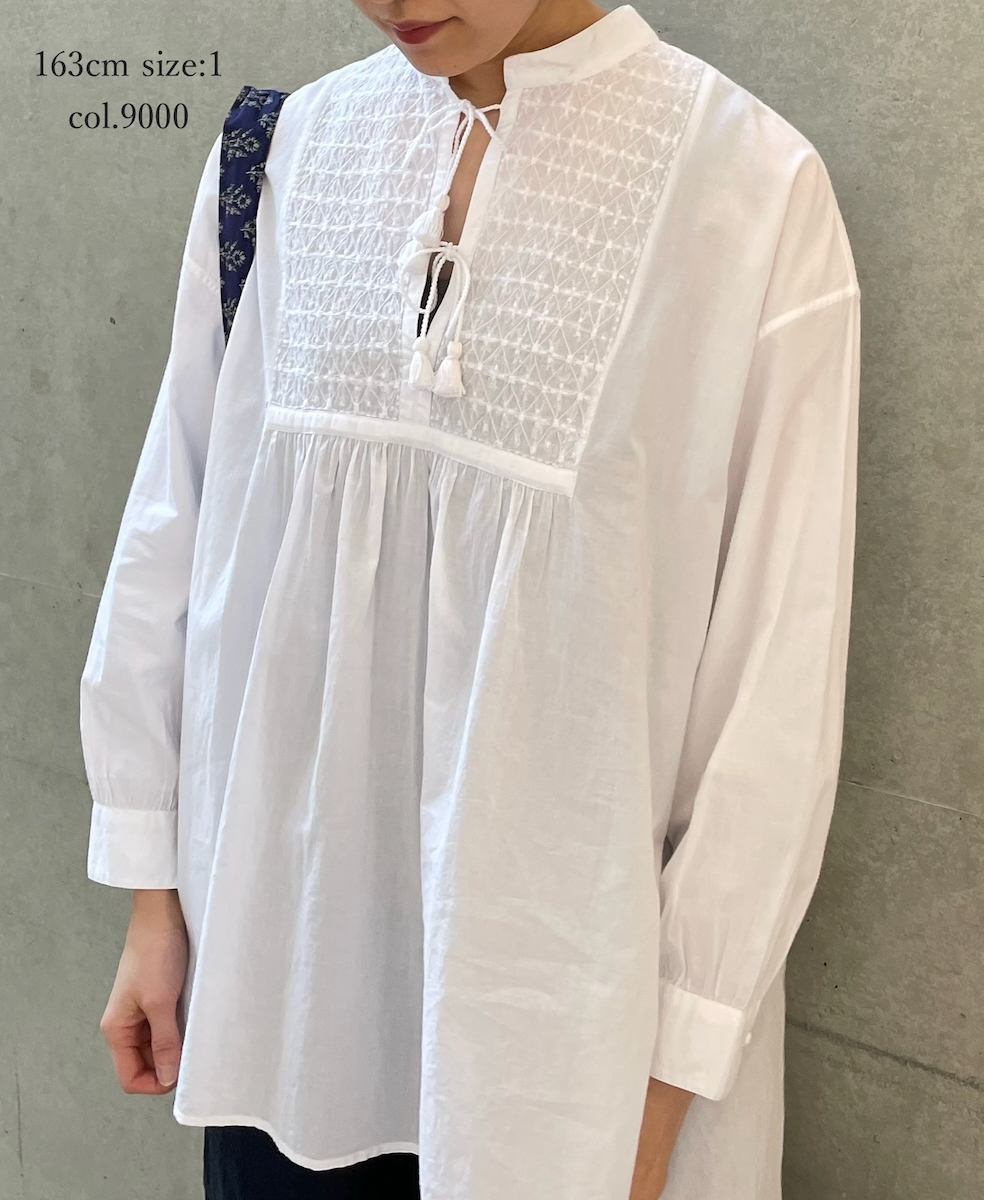 NMDS26222(チュニック) 60s ORGANIC CAMBRIC BANDED COLLAR EMB TUNIC