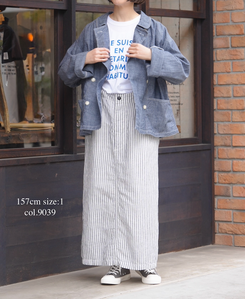 ISNAM2611S(スカート) LINEN COTTON STRIPE ADJUSTER TACK SKIRT WITH