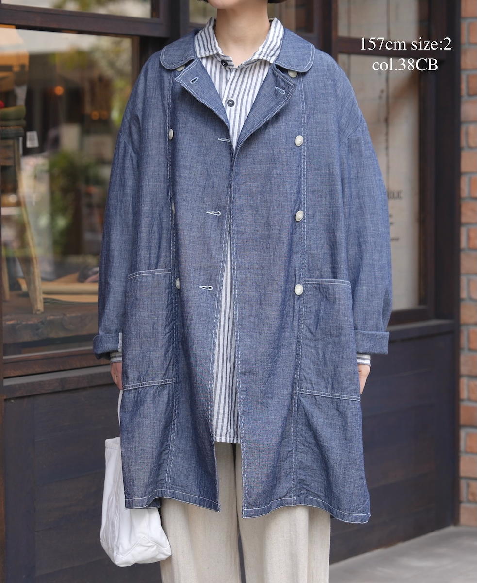 ISNAM2602CB(ロングジャケット) NAVY(INDIGO) CHAMBRAY ROUND COLLAR DOUBLE LONG JACKET