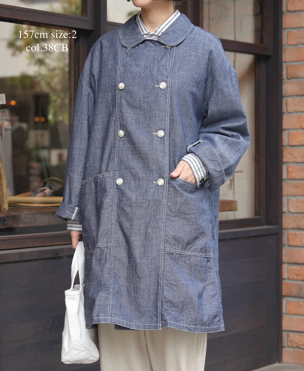 ISNAM2602CB(ロングジャケット) NAVY(INDIGO) CHAMBRAY ROUND COLLAR DOUBLE LONG JACKET