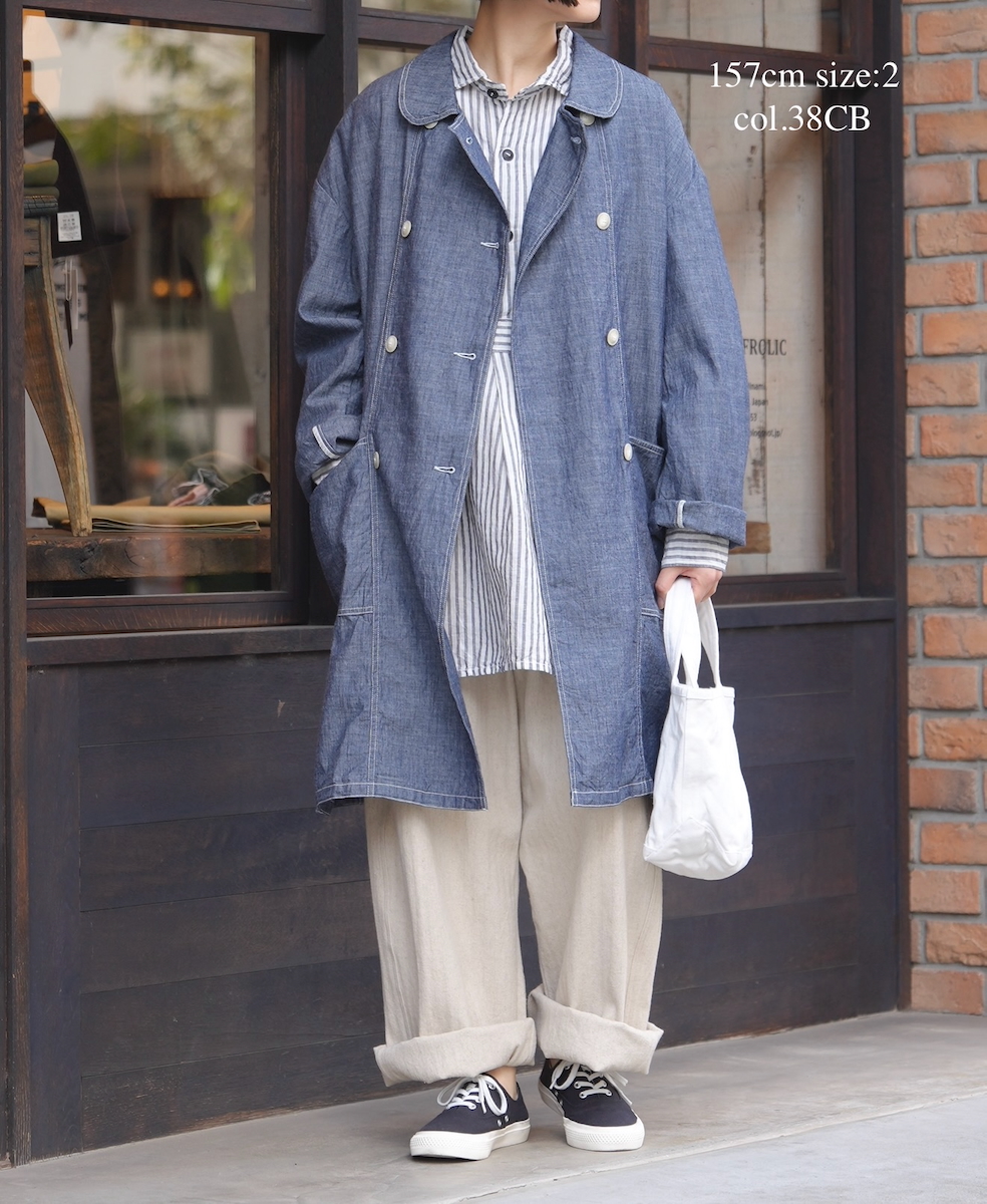 ISNAM2602CB(ロングジャケット) NAVY(INDIGO) CHAMBRAY ROUND COLLAR DOUBLE LONG JACKET