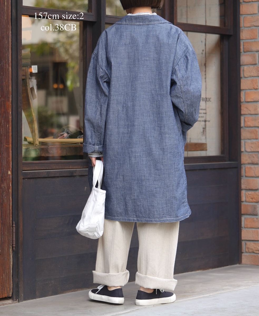 ISNAM2602CB(ロングジャケット) NAVY(INDIGO) CHAMBRAY ROUND COLLAR DOUBLE LONG JACKET