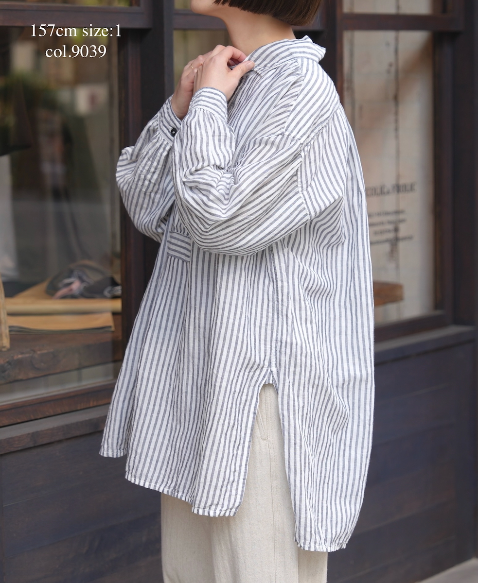 ISNAM2605S(シャツ) LINEN COTTON STRIPE WORK GATHERED SHIRT