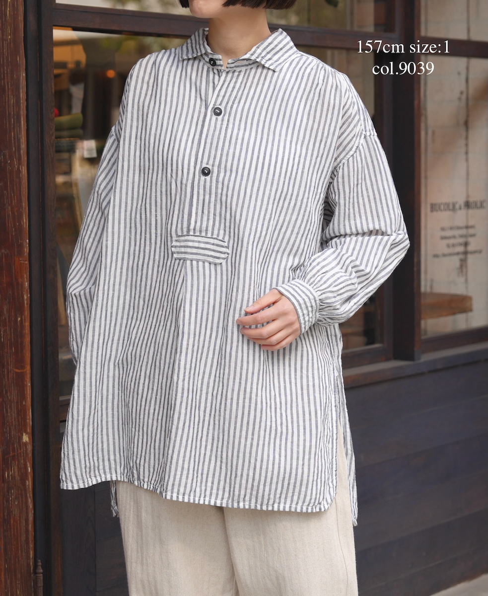ISNAM2605S(シャツ) LINEN COTTON STRIPE WORK GATHERED SHIRT