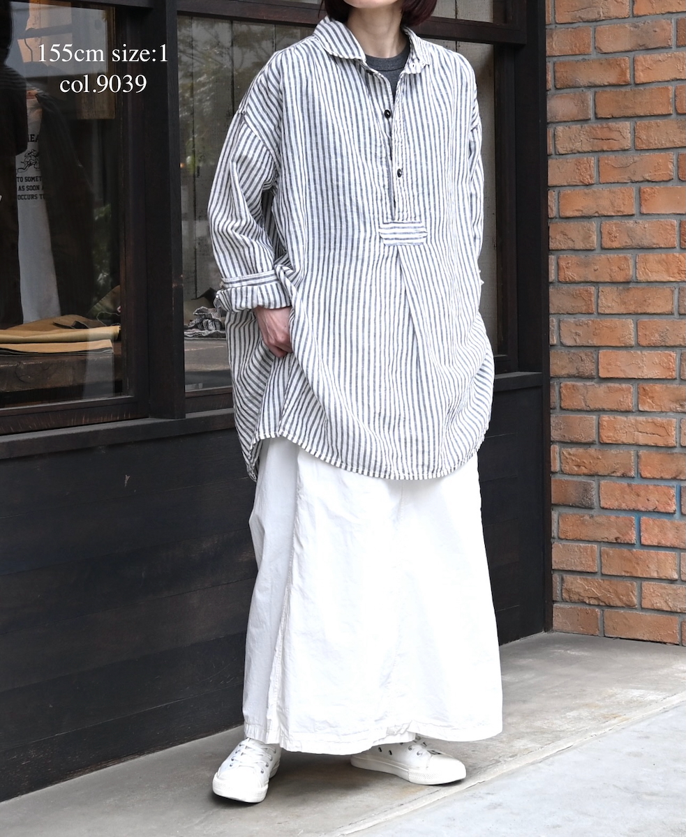ISNAM2605S(シャツ) LINEN COTTON STRIPE WORK GATHERED SHIRT