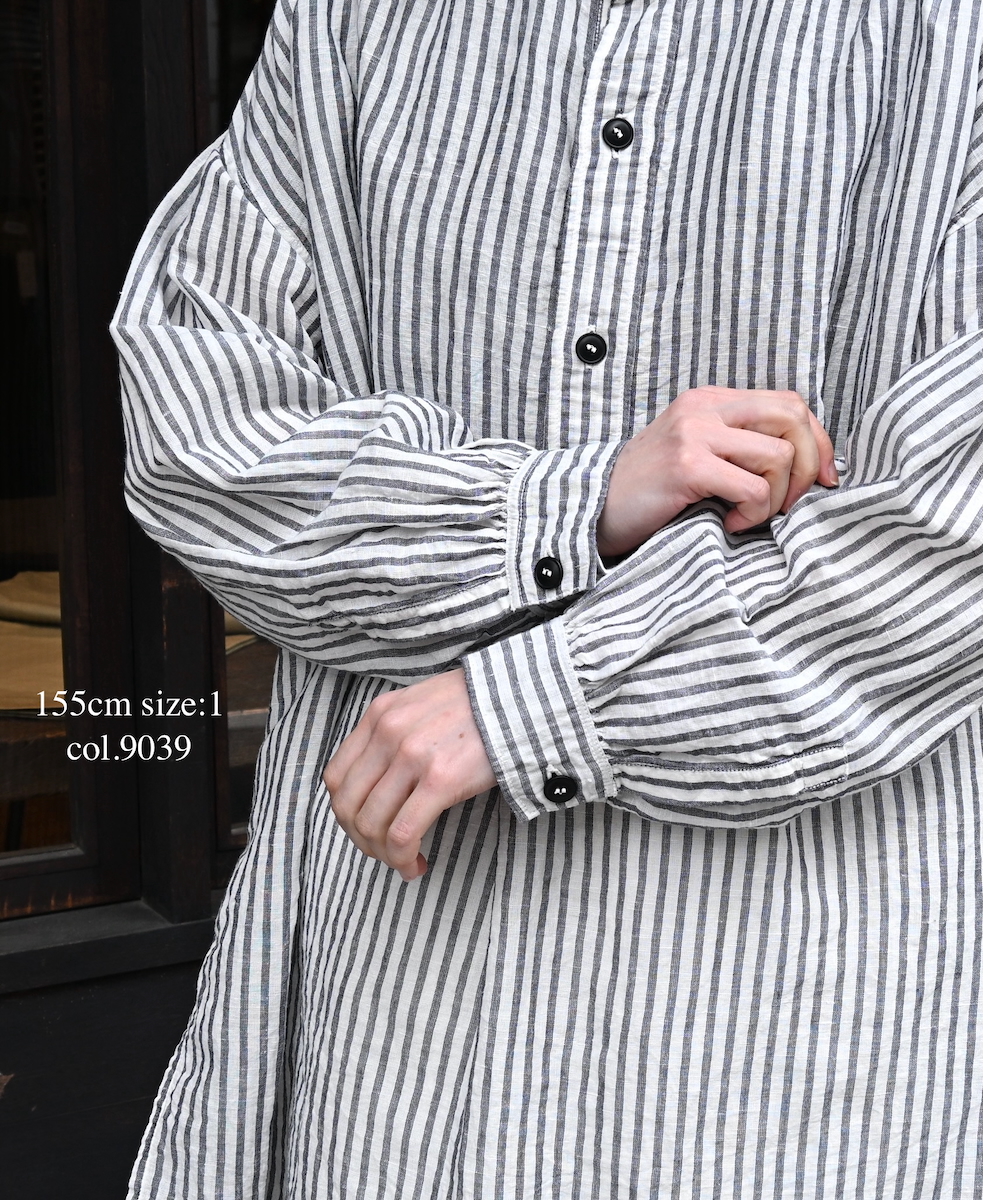 ISNAM2605S(シャツ) LINEN COTTON STRIPE WORK GATHERED SHIRT