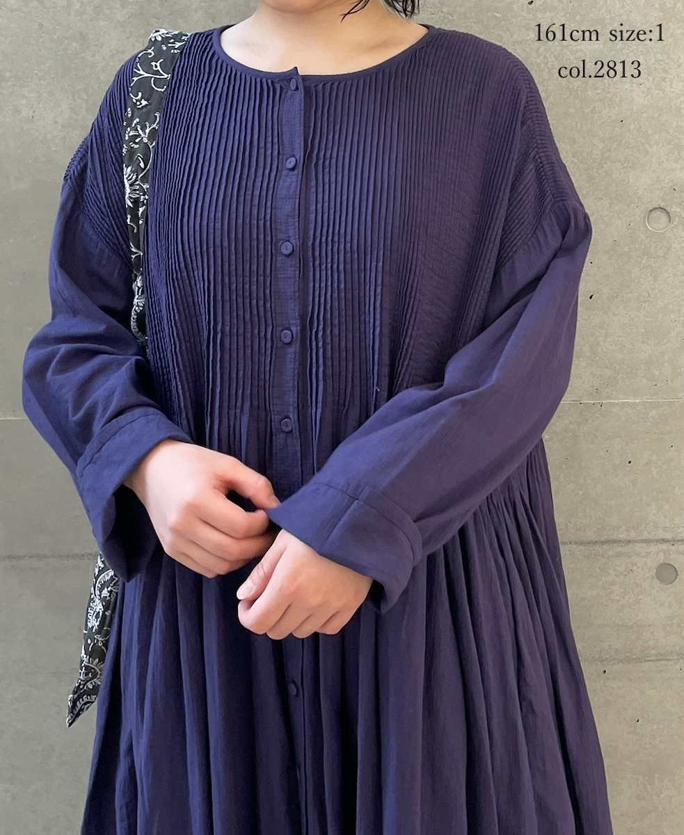 NMDS26234D(ワンピース) 80s ORGANIC MICRO CHECK OVERDYE CREW-NECK BUTTON SHIRT MIXI DRESS WITH MINI PINTUCK