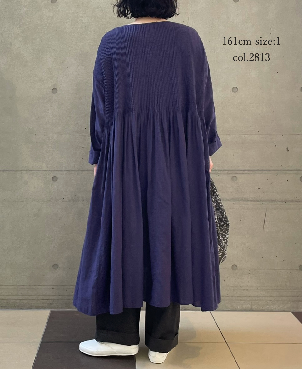 NMDS26234D(ワンピース) 80s ORGANIC MICRO CHECK OVERDYE CREW-NECK BUTTON SHIRT MIXI DRESS WITH MINI PINTUCK