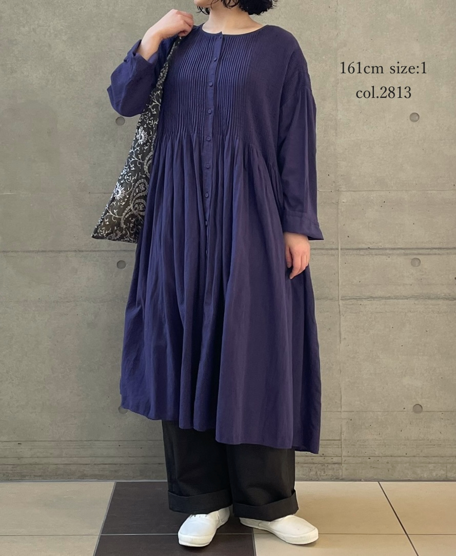 NMDS26234D(ワンピース) 80s ORGANIC MICRO CHECK OVERDYE CREW-NECK BUTTON SHIRT MIXI DRESS WITH MINI PINTUCK