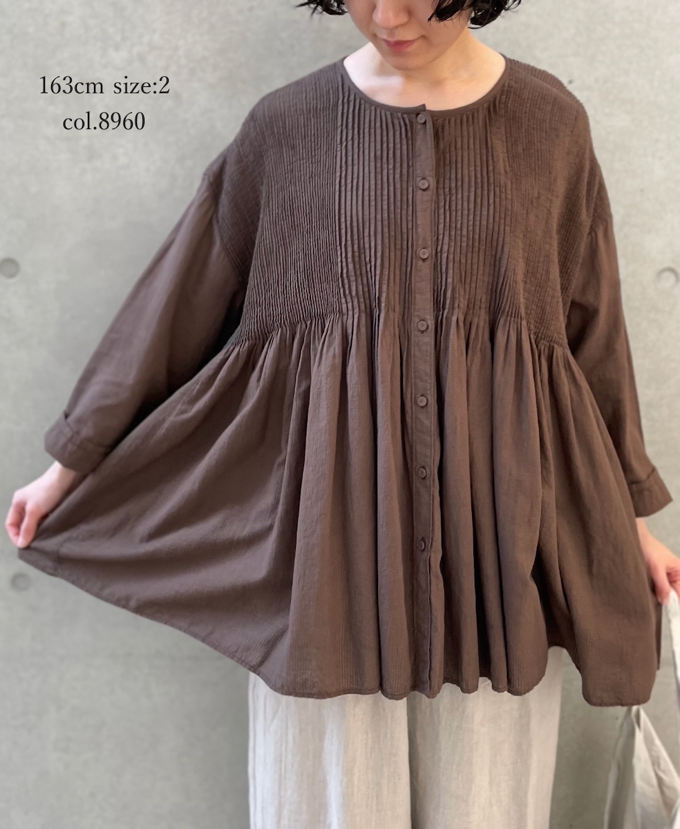 NMDS26233D(シャツ) 80s ORGANIC MICRO CHECK OVERDYE CREW-NECK BUTTON SHIRT WITH MINI PINTUCK