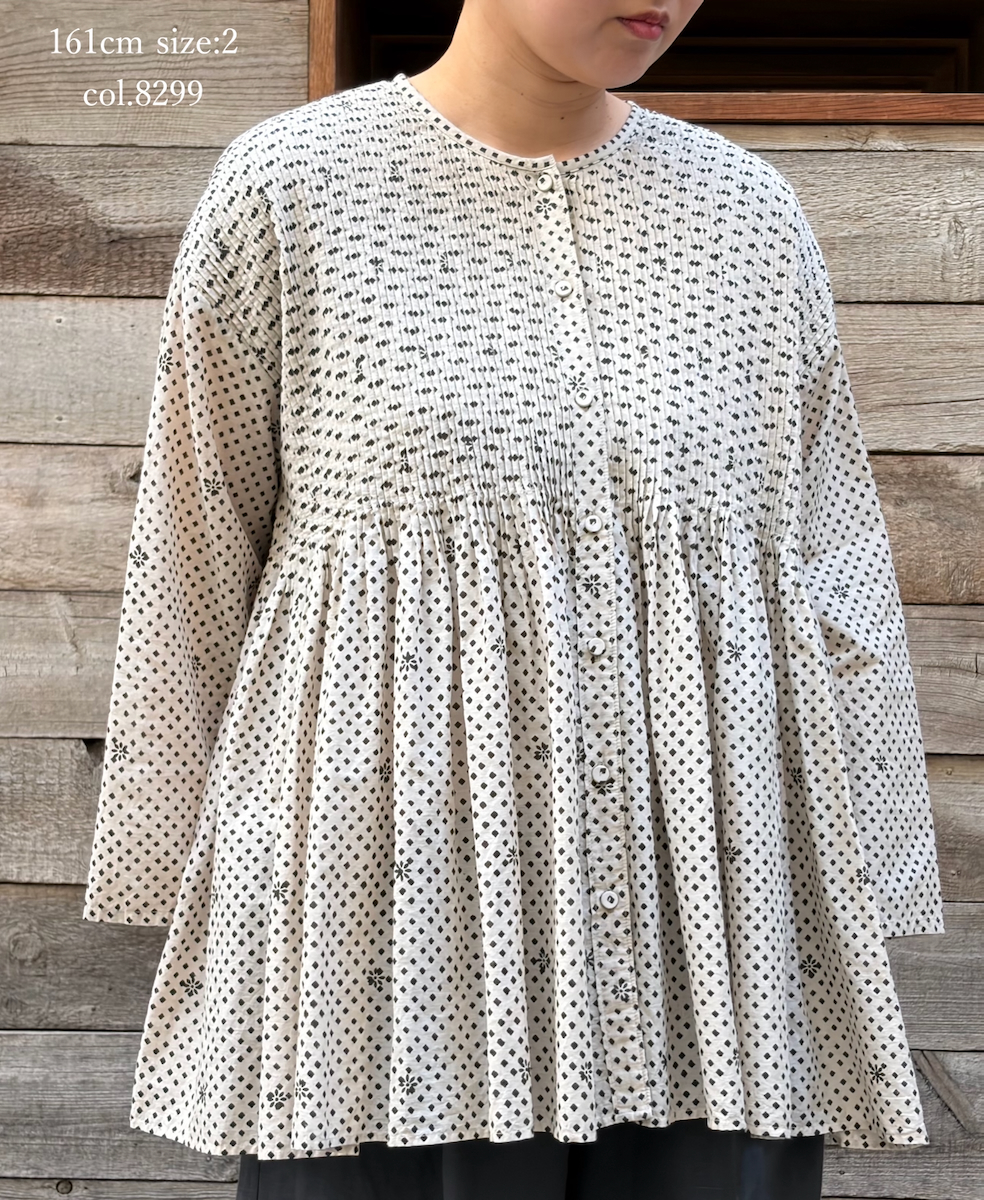 INMDS26083(シャツ) 80s VOILE SQUARE BLOCK PRINT CREW-NECK BUTTON SHIRTS WITH MINI PINTUCK