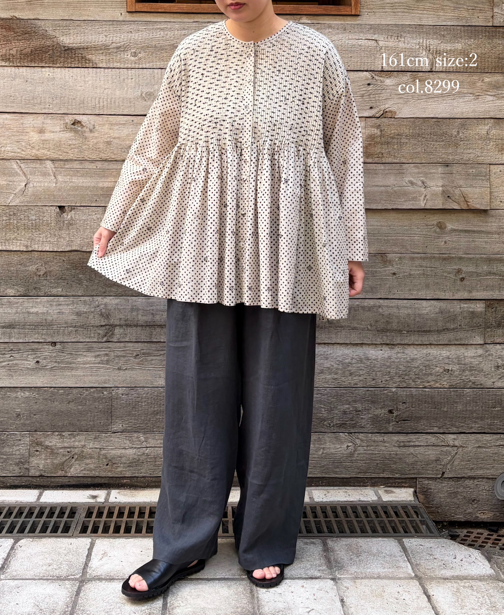 INMDS26083(シャツ) 80s VOILE SQUARE BLOCK PRINT CREW-NECK BUTTON SHIRTS WITH MINI PINTUCK