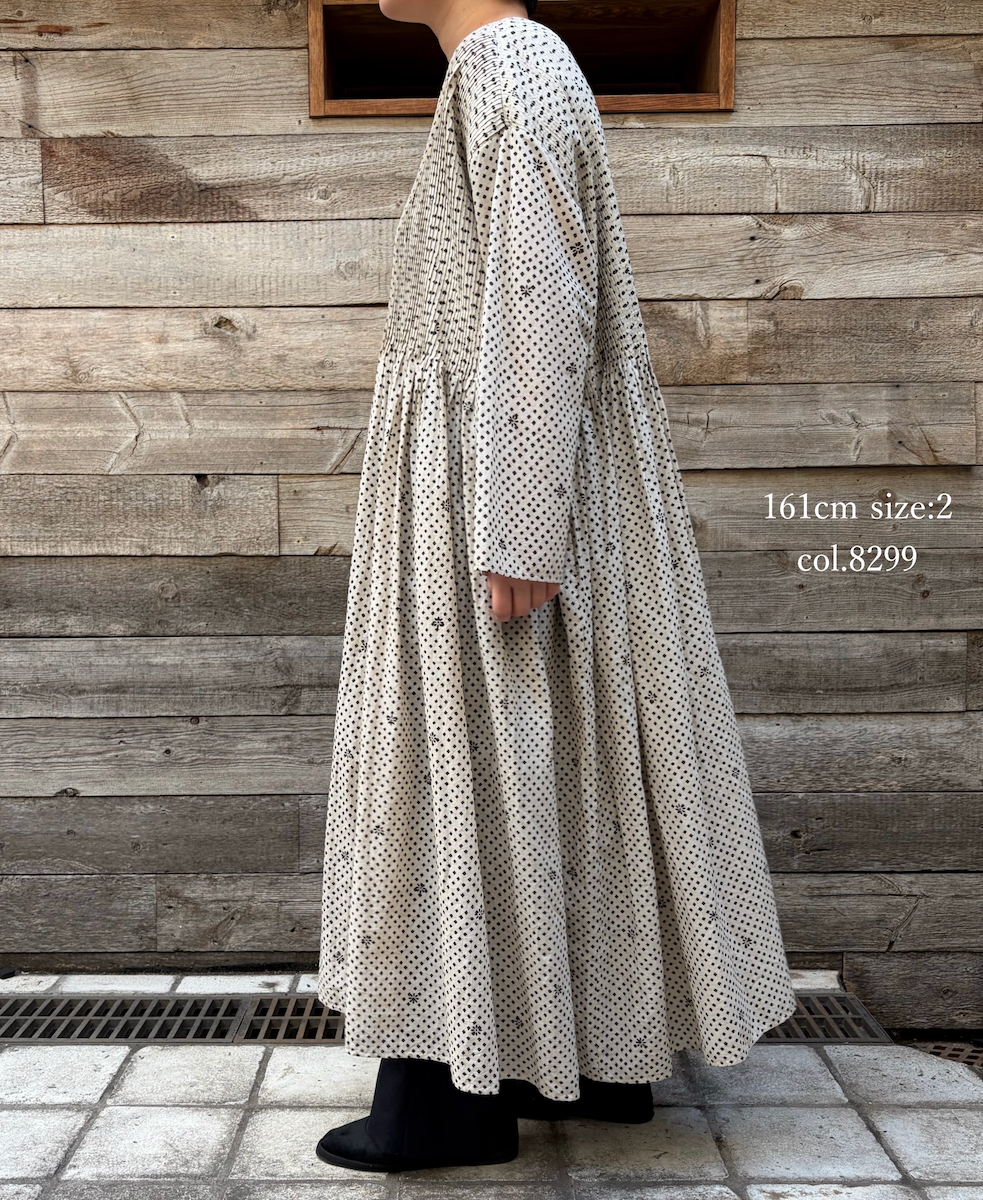 INMDS26084(ワンピース) 80s VOILE SQUARE BLOCK PRINT CREW-NECK BUTTON SHIRTS DRESS WITH MINI PINTUCK