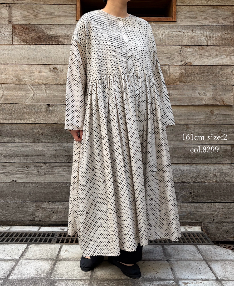 INMDS26084(ワンピース) 80s VOILE SQUARE BLOCK PRINT CREW-NECK BUTTON SHIRTS DRESS WITH MINI PINTUCK