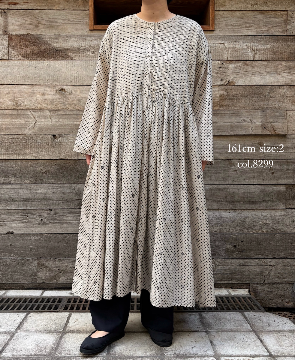 INMDS26084(ワンピース) 80s VOILE SQUARE BLOCK PRINT CREW-NECK BUTTON SHIRTS DRESS WITH MINI PINTUCK