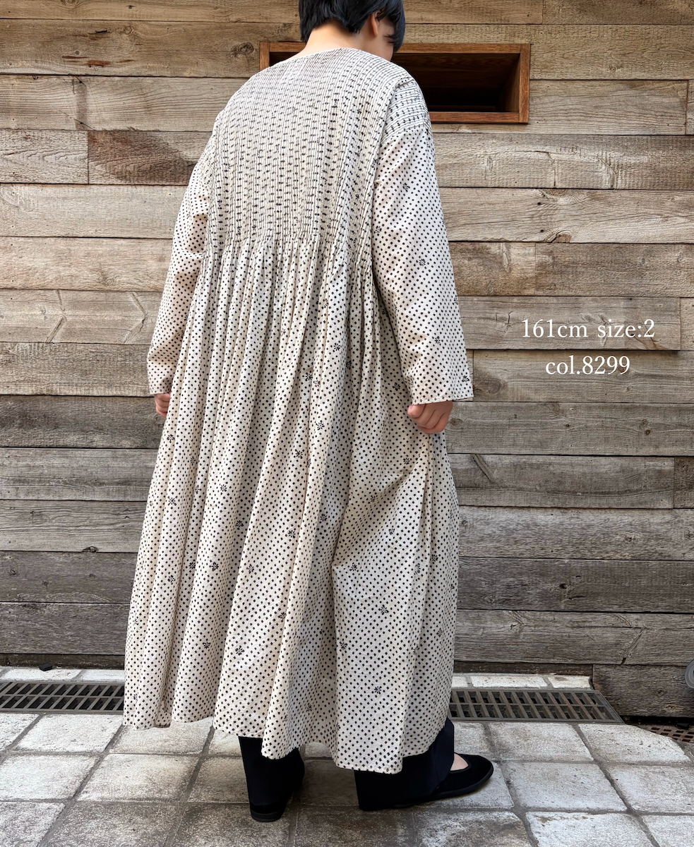 INMDS26084(ワンピース) 80s VOILE SQUARE BLOCK PRINT CREW-NECK BUTTON SHIRTS DRESS WITH MINI PINTUCK