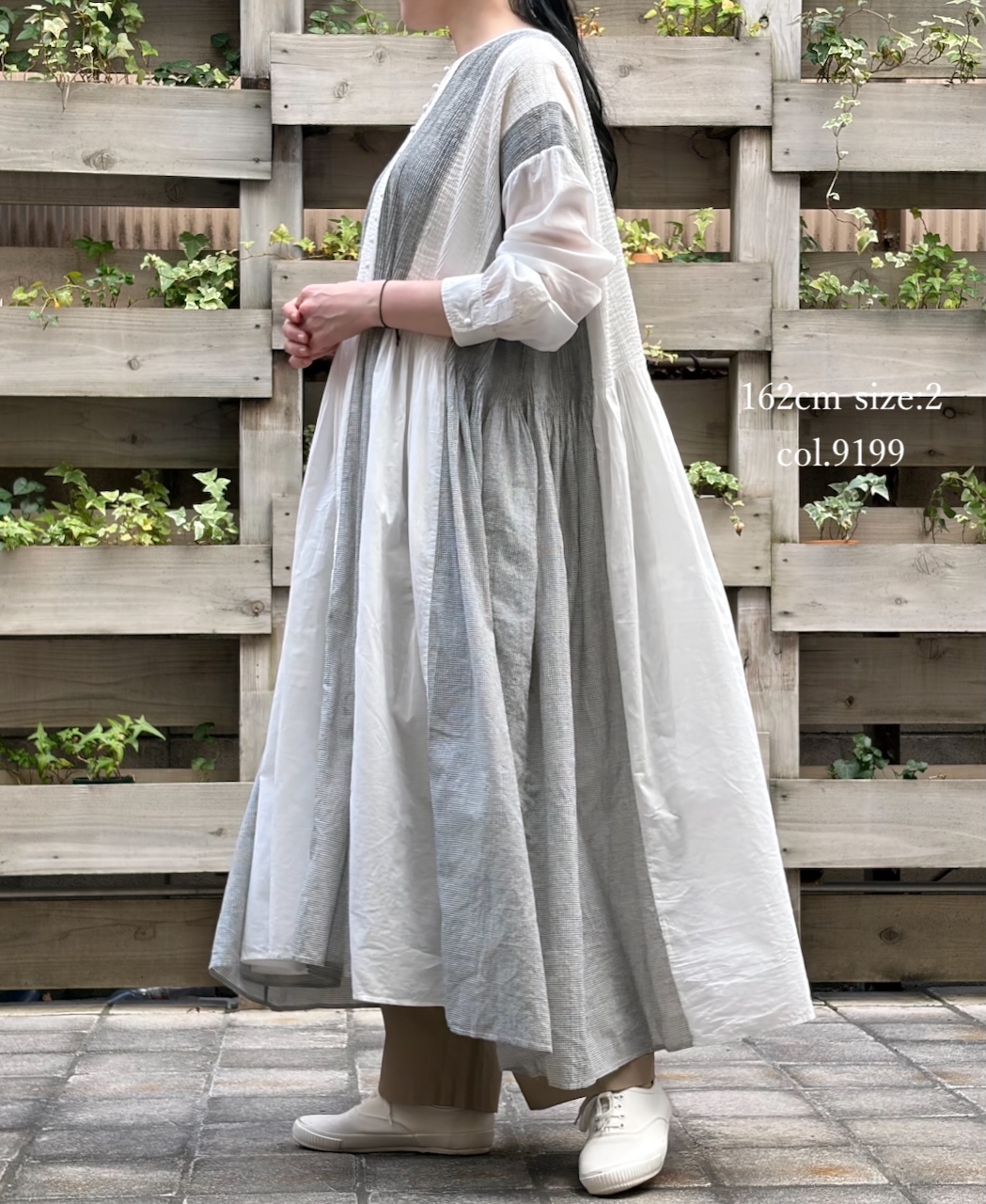 INMDS26112W(ワンピース) HANDWOVEN COTTON SINGLE CHECK PATCHWORK(WASHED) BALL BUTTON SHIRTS DRESS WITH MINI PINTUCK