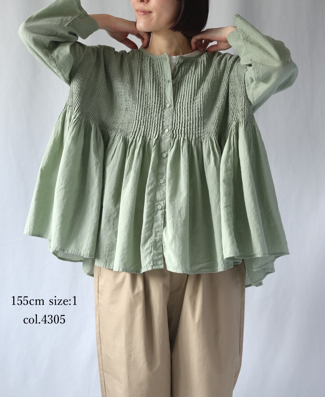 NMDS26233D(シャツ) 80s ORGANIC MICRO CHECK OVERDYE CREW-NECK BUTTON SHIRT WITH MINI PINTUCK