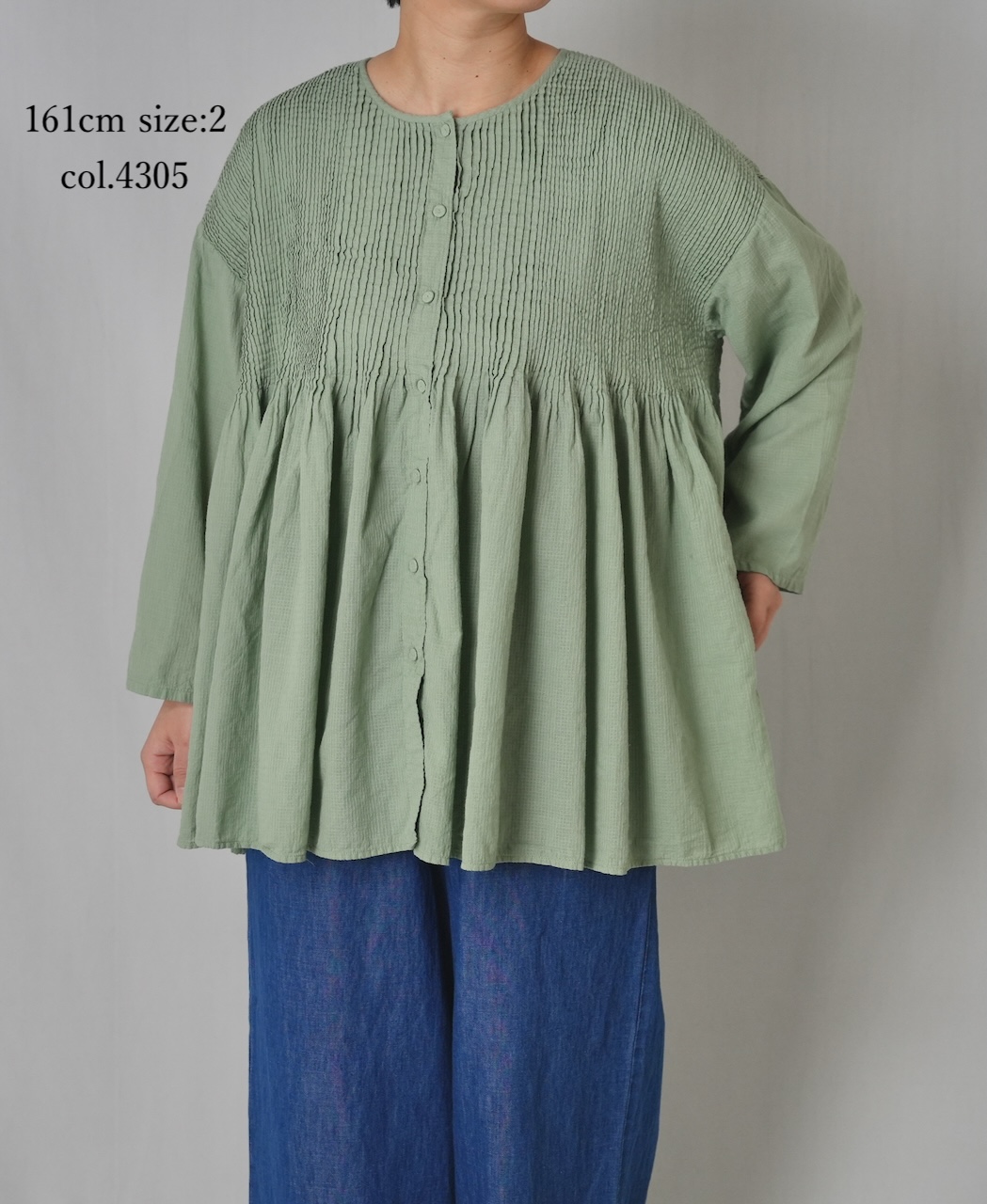 NMDS26233D(シャツ) 80s ORGANIC MICRO CHECK OVERDYE CREW-NECK BUTTON SHIRT WITH MINI PINTUCK