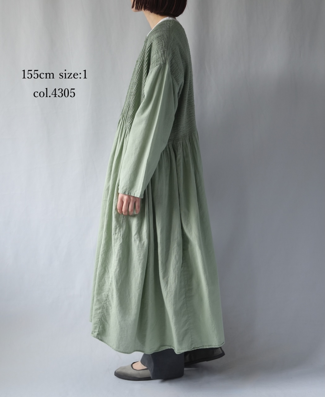 NMDS26234D(ワンピース) 80s ORGANIC MICRO CHECK OVERDYE CREW-NECK BUTTON SHIRT MIXI DRESS WITH MINI PINTUCK