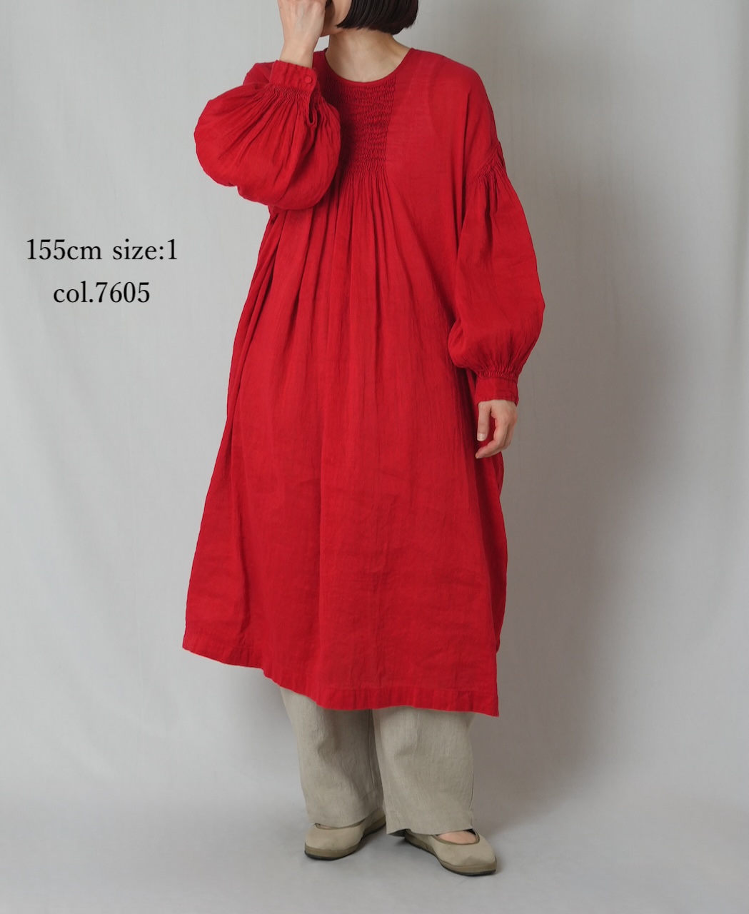 INMDS26011D(ワンピース) 60s AUTO LOOM LINEN/COTTON PLAIN(OVERDYE) BACK OPENING CREW-NECK SHIRTS DRESS WITH MINI PINTUCK