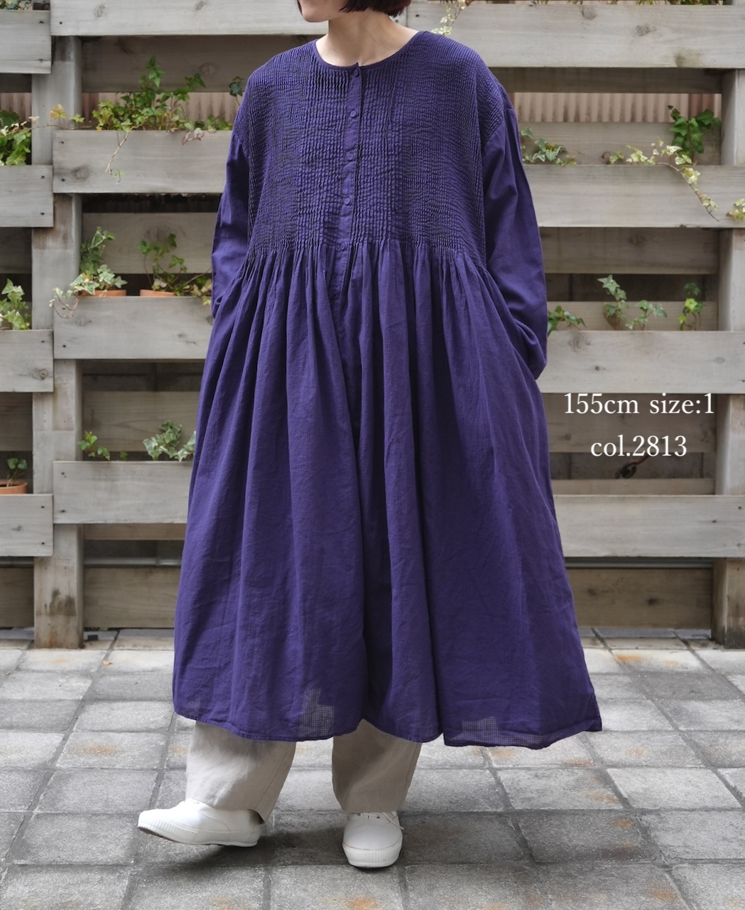 NMDS26234D(ワンピース) 80s ORGANIC MICRO CHECK OVERDYE CREW-NECK BUTTON SHIRT MIXI DRESS WITH MINI PINTUCK