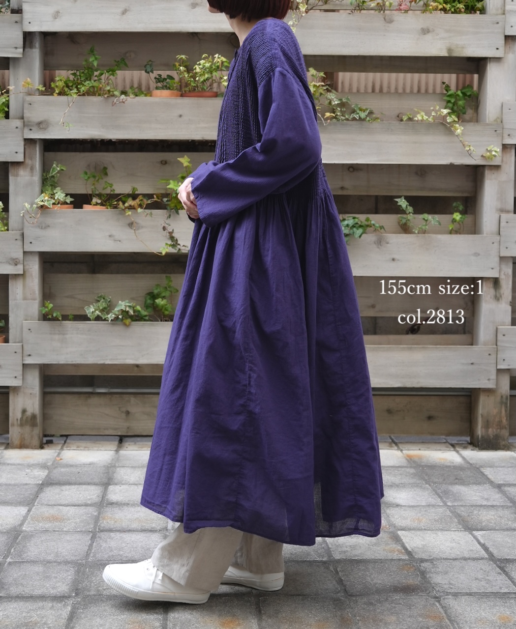 NMDS26234D(ワンピース) 80s ORGANIC MICRO CHECK OVERDYE CREW-NECK BUTTON SHIRT MIXI DRESS WITH MINI PINTUCK