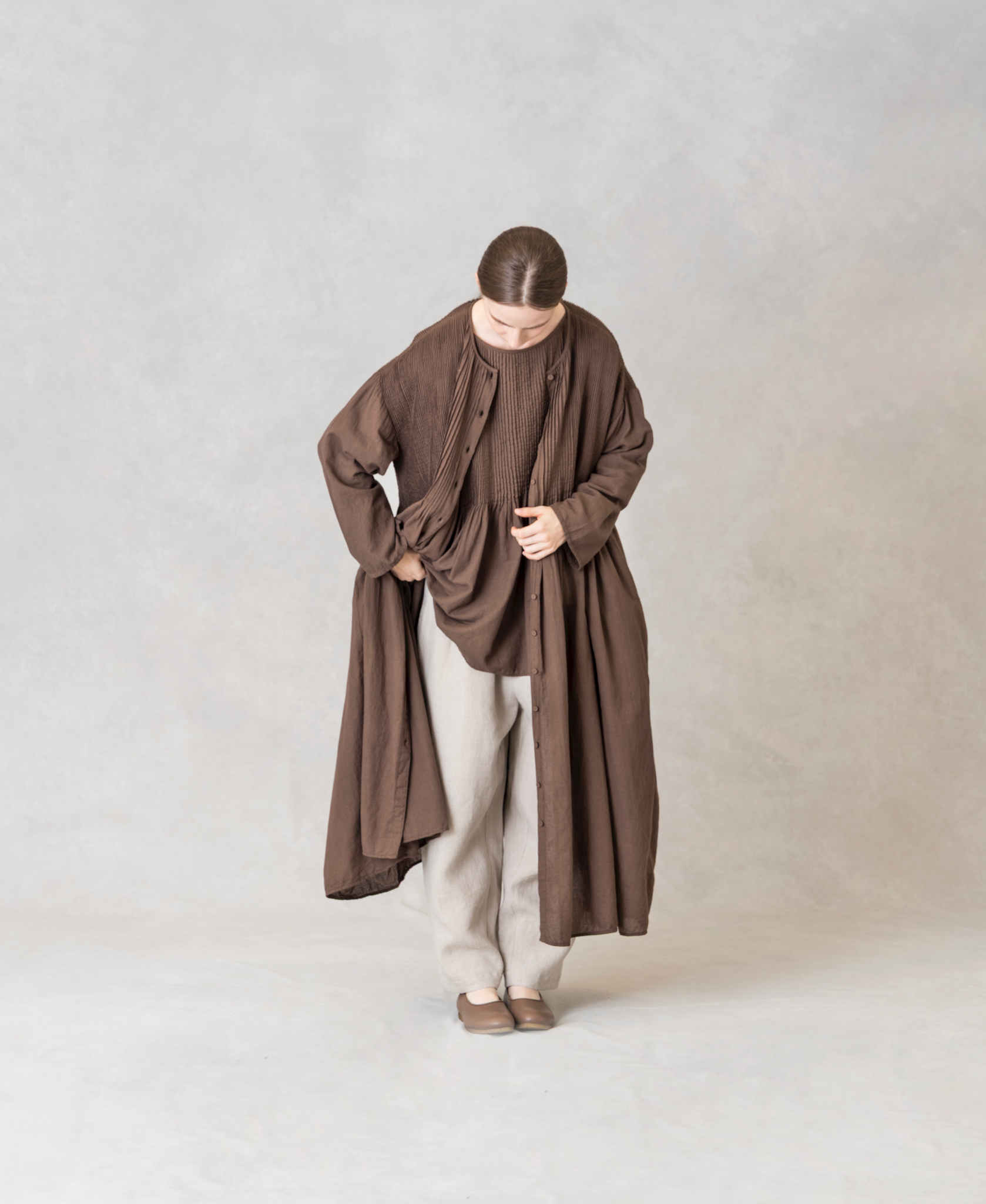 NMDS26234D(ワンピース) 80s ORGANIC MICRO CHECK OVERDYE CREW-NECK BUTTON SHIRT MIXI DRESS WITH MINI PINTUCK