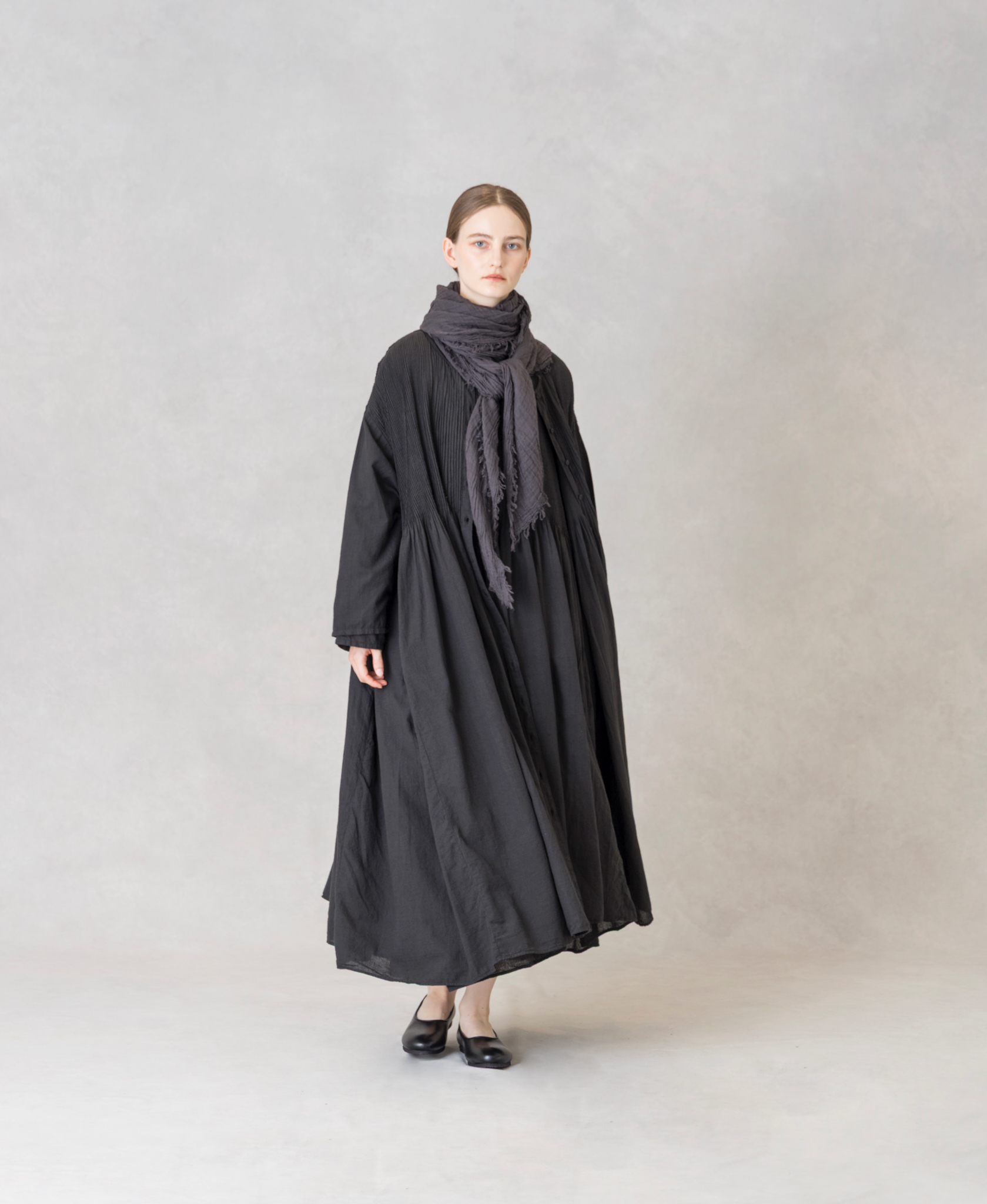 NMDS26234D(ワンピース) 80s ORGANIC MICRO CHECK OVERDYE CREW-NECK BUTTON SHIRT MIXI DRESS WITH MINI PINTUCK