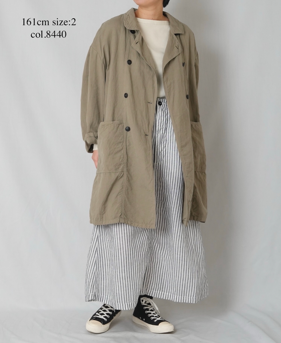 ISNAM2602D(ロングジャケット) LINEN COTTON PLAIN OVERDYE ROUND COLLAR DOUBLE LONG JACKET