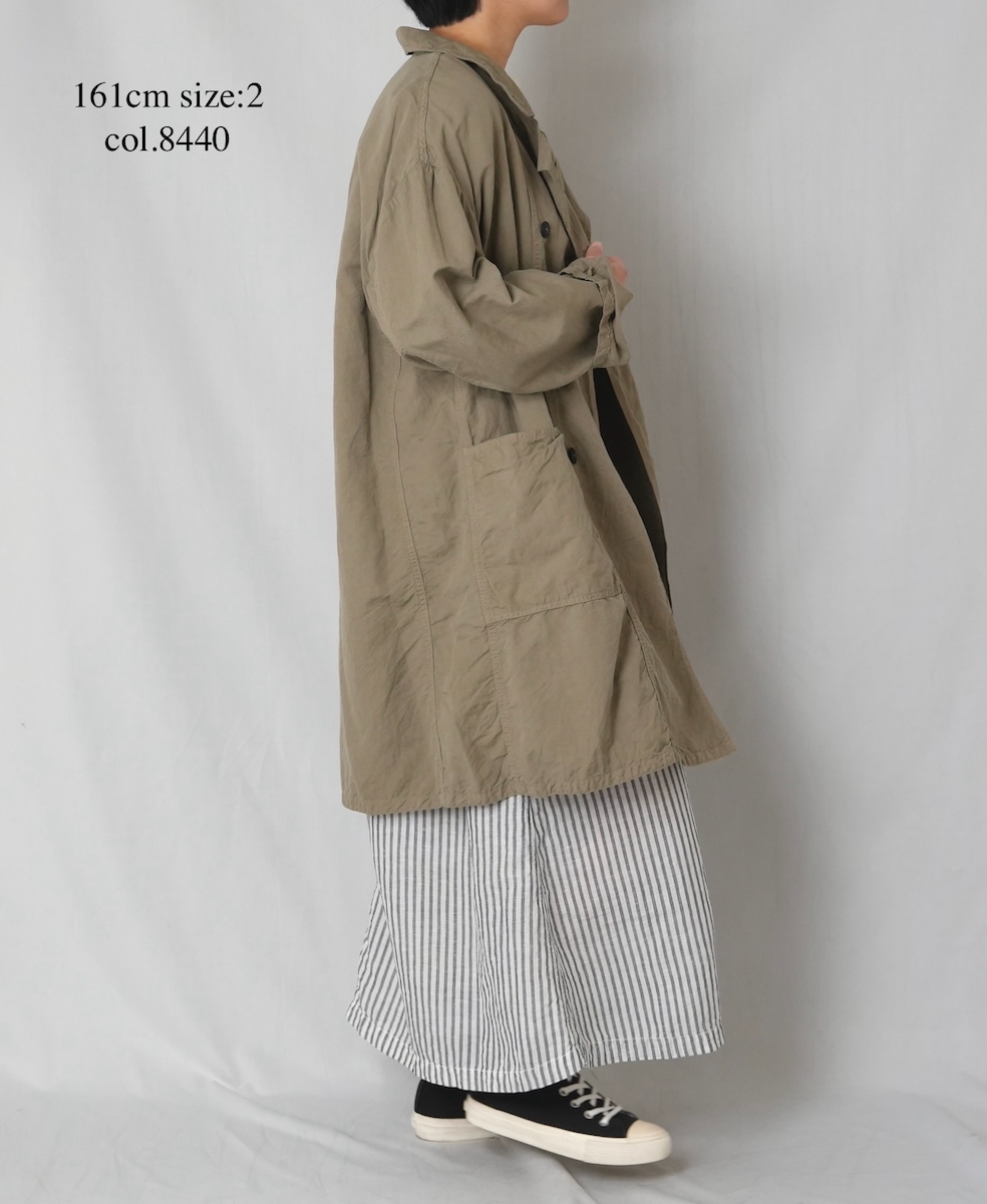 ISNAM2602D(ロングジャケット) LINEN COTTON PLAIN OVERDYE ROUND COLLAR DOUBLE LONG JACKET