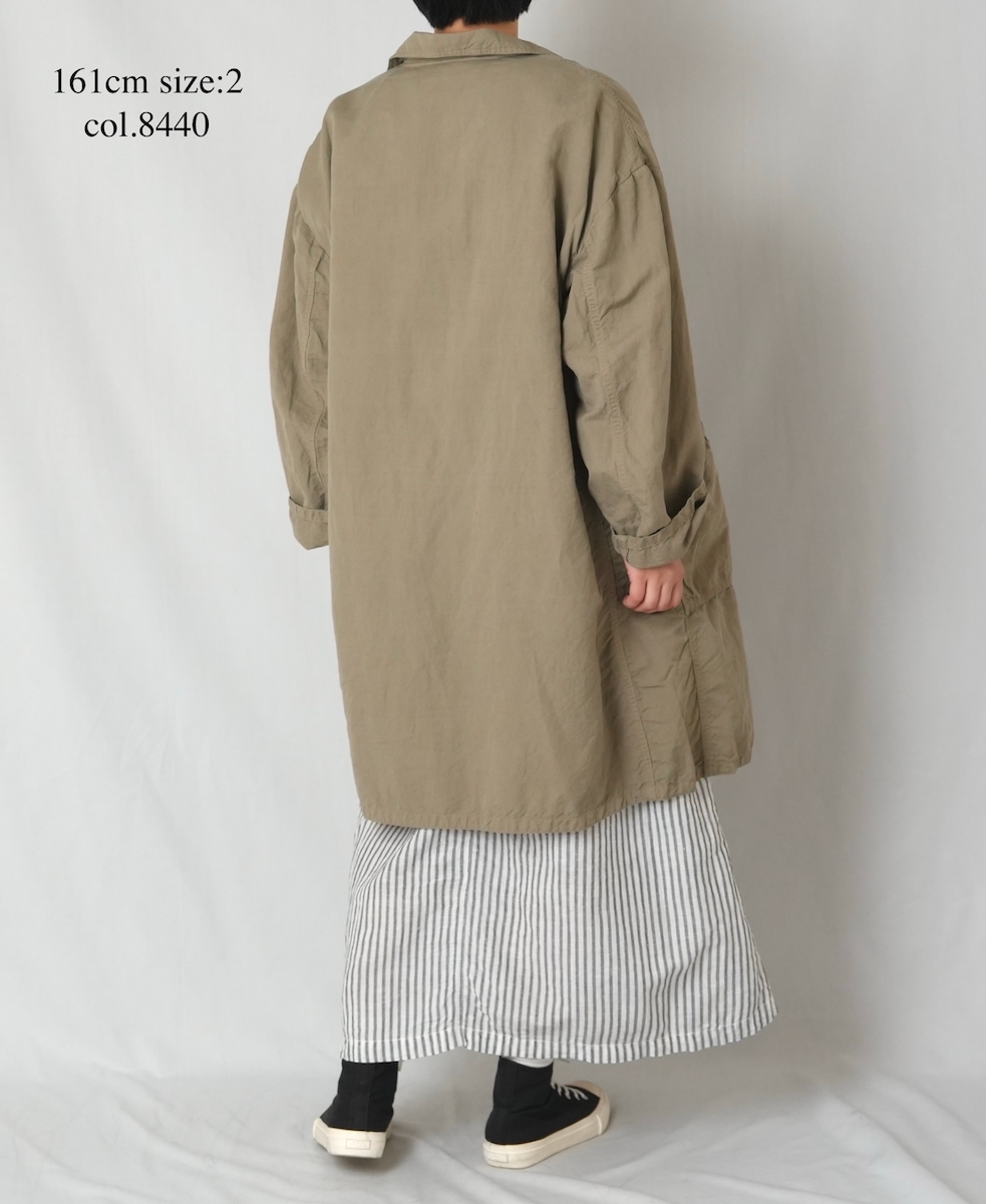 ISNAM2602D(ロングジャケット) LINEN COTTON PLAIN OVERDYE ROUND COLLAR DOUBLE LONG JACKET