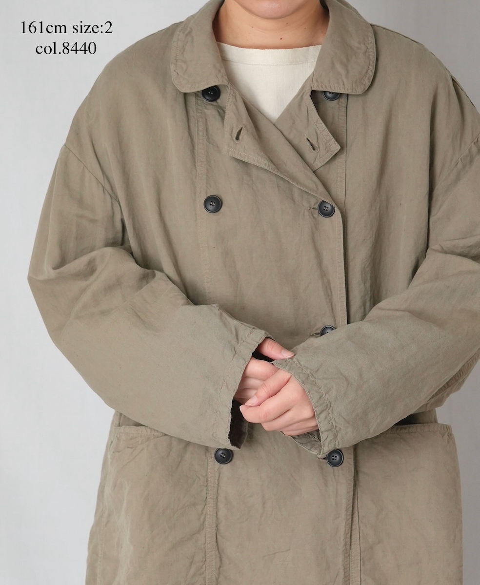 ISNAM2602D(ロングジャケット) LINEN COTTON PLAIN OVERDYE ROUND COLLAR DOUBLE LONG JACKET