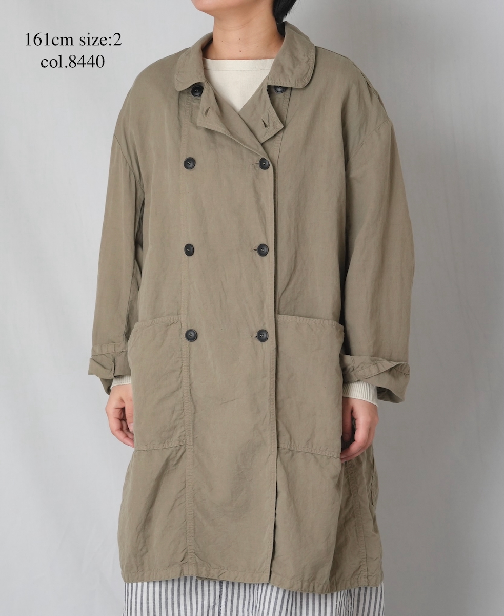 ISNAM2602D(ロングジャケット) LINEN COTTON PLAIN OVERDYE ROUND COLLAR DOUBLE LONG JACKET