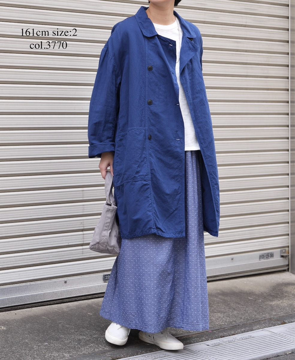ISNAM2602D(ロングジャケット) LINEN COTTON PLAIN OVERDYE ROUND COLLAR DOUBLE LONG JACKET