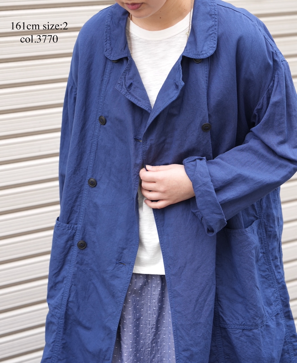 ISNAM2602D(ロングジャケット) LINEN COTTON PLAIN OVERDYE ROUND COLLAR DOUBLE LONG JACKET