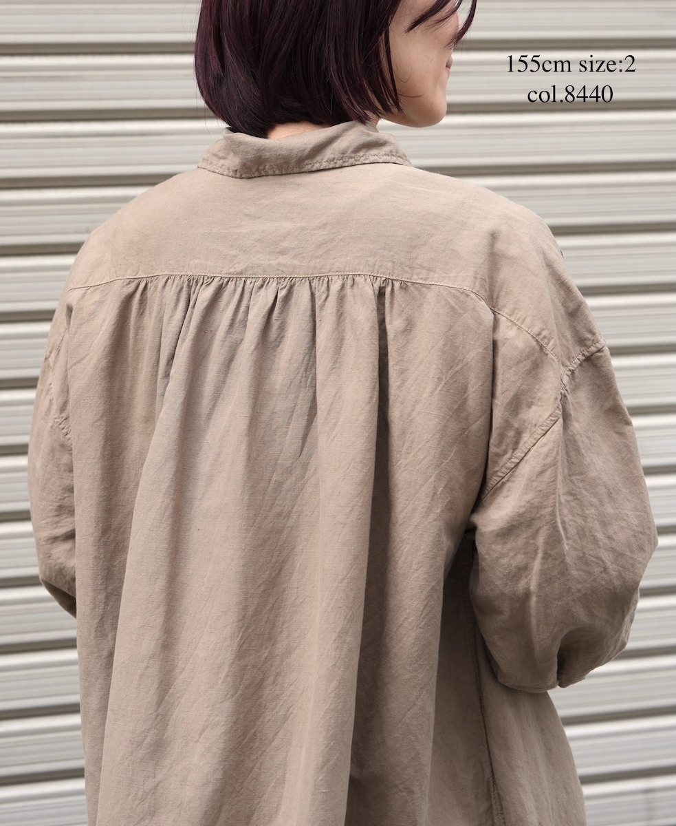 ISNAM2603D(ワンピース) LINEN COTTON PLAIN OVERDYE WORK GATHERED SHIRT DRESS