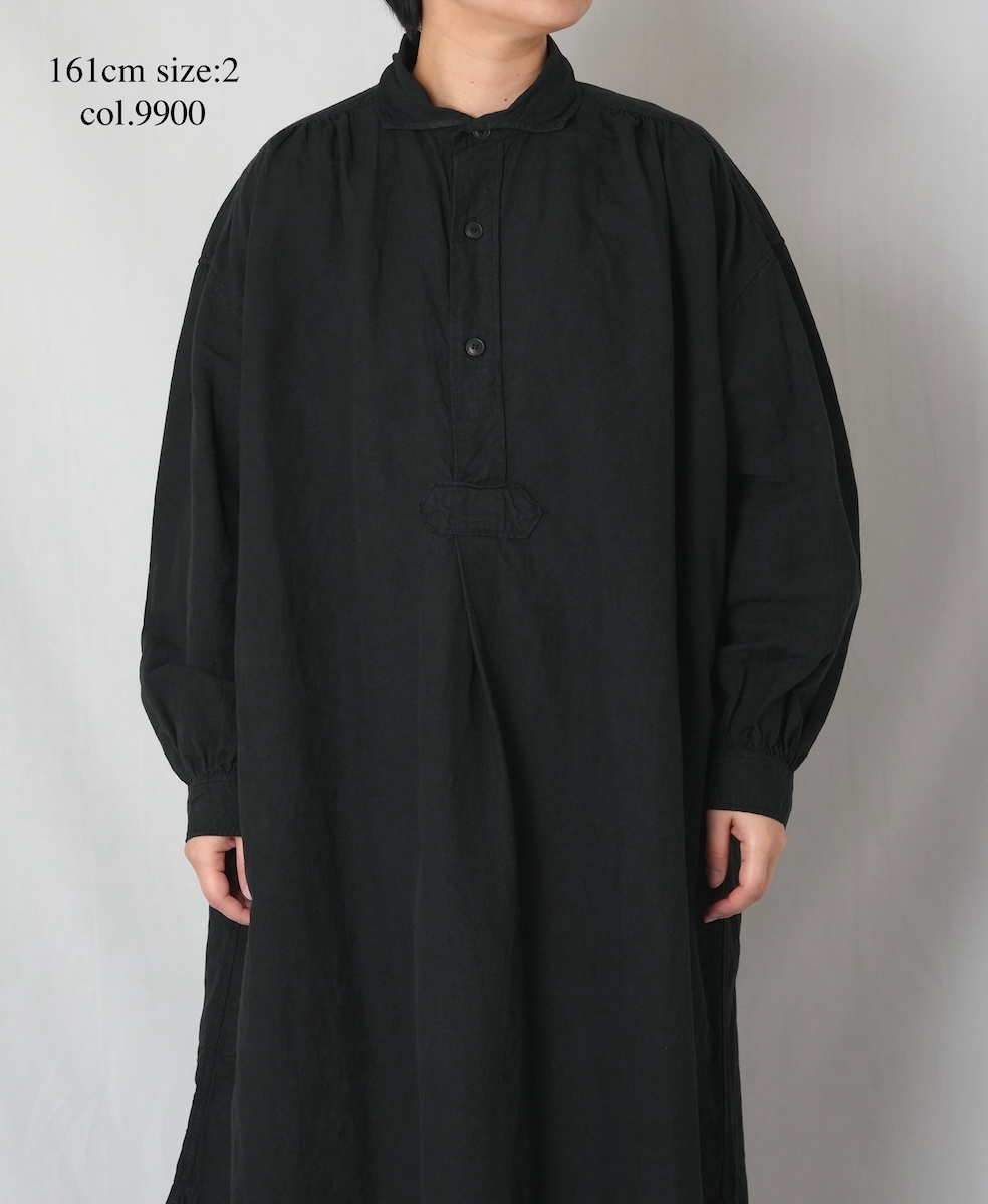 ISNAM2603D(ワンピース) LINEN COTTON PLAIN OVERDYE WORK GATHERED SHIRT DRESS