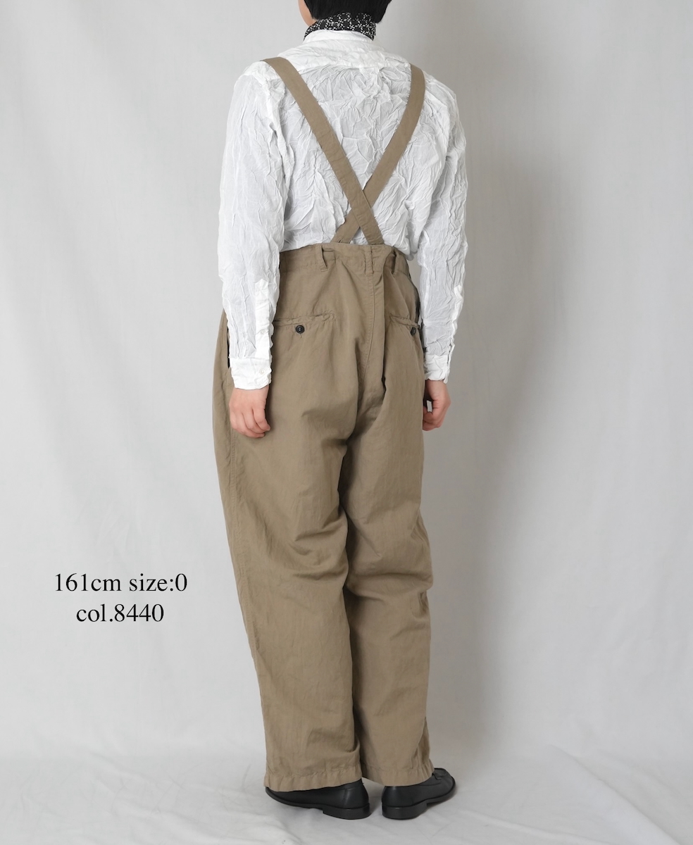 ISNAM2604D(パンツ) LINEN COTTON PLAIN OVERDYE ADJUSTER TACK PANTS WITH SUSPENDERS