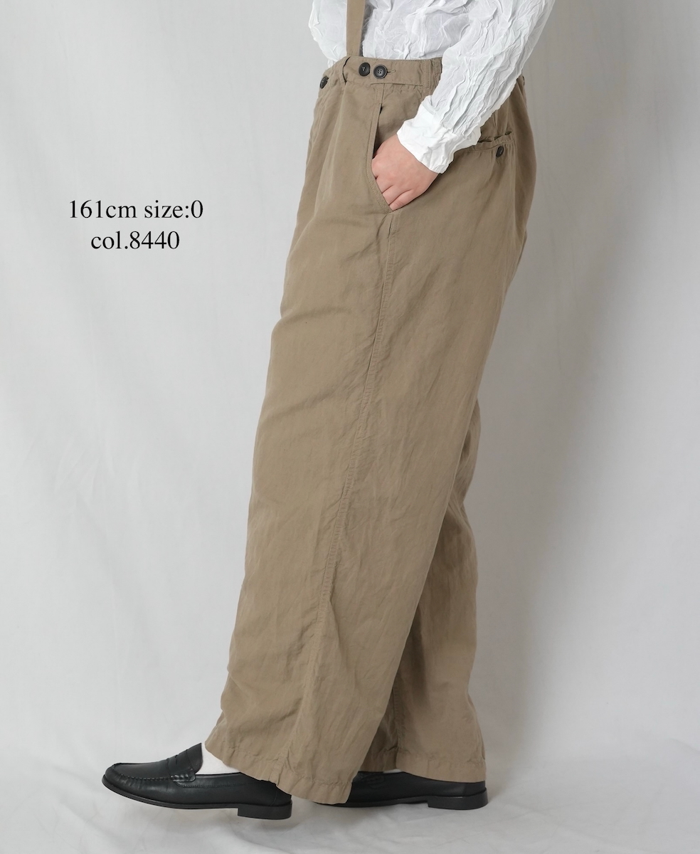 ISNAM2604D(パンツ) LINEN COTTON PLAIN OVERDYE ADJUSTER TACK PANTS WITH SUSPENDERS