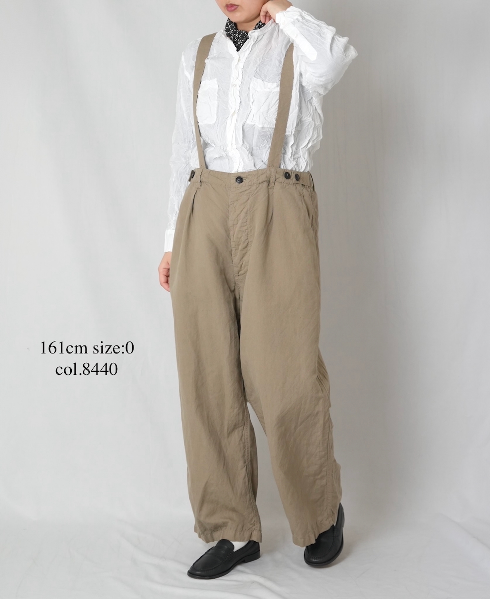 ISNAM2604D(パンツ) LINEN COTTON PLAIN OVERDYE ADJUSTER TACK PANTS WITH SUSPENDERS