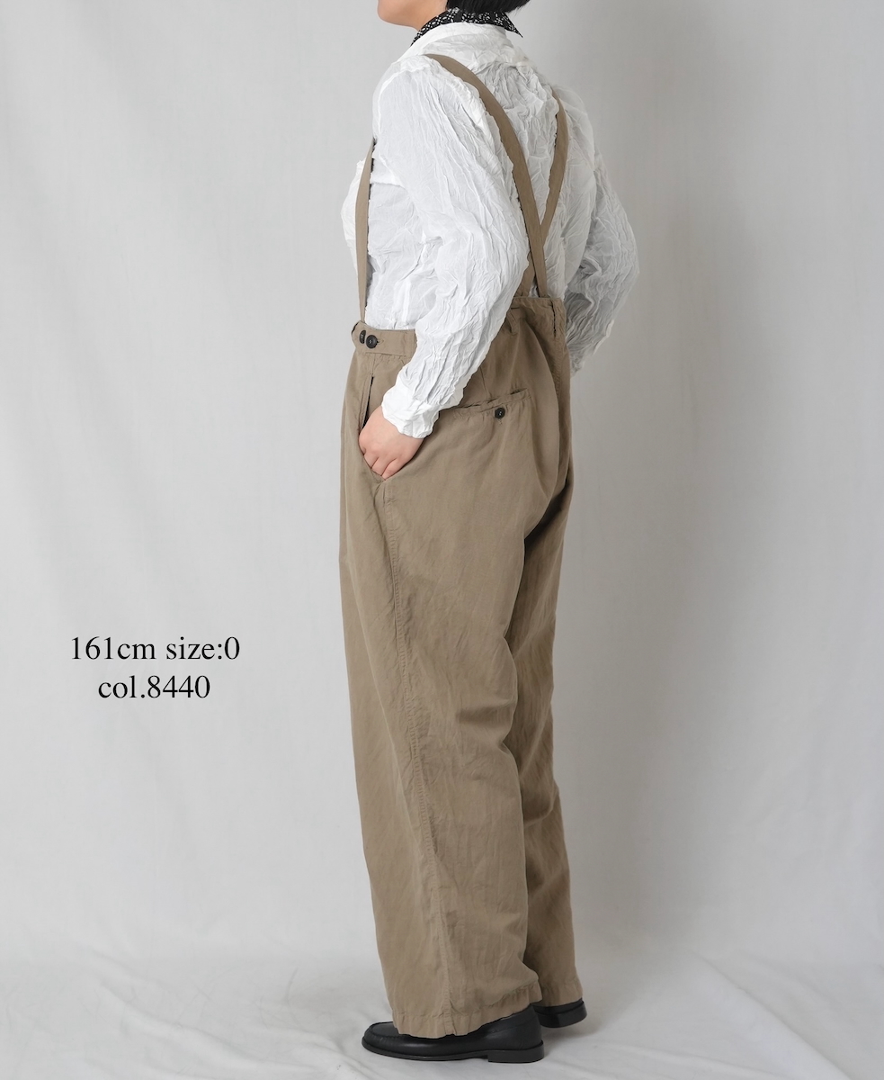 ISNAM2604D(パンツ) LINEN COTTON PLAIN OVERDYE ADJUSTER TACK PANTS WITH SUSPENDERS